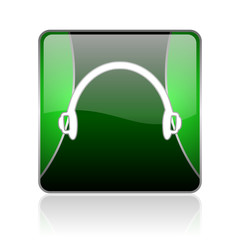 headphones black and green square web glossy icon