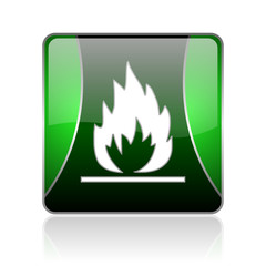 flames black and green square web glossy icon