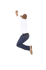 Young happy afro american man jumps in joy