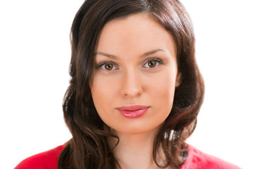 Closeup portrait of charming woman looking at camera with her cu