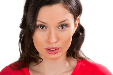 Closeup portrait of charming woman looking at camera with her cu