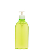 green plastic container with liquid soap isolated on white