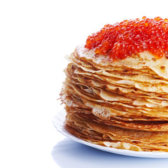 Pile of pancakes with red caviar