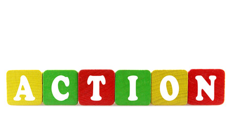 action - isolated text in wooden building blocks