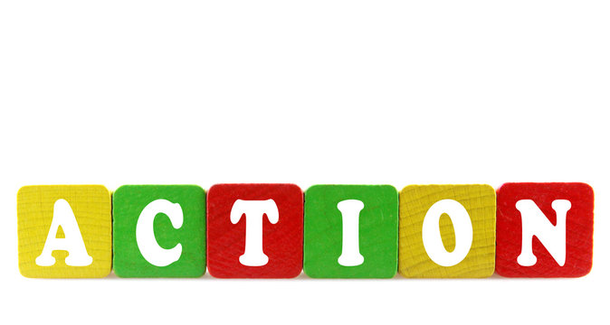 action - isolated text in wooden building blocks
