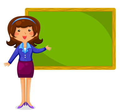 teacher standing next to a blackboard