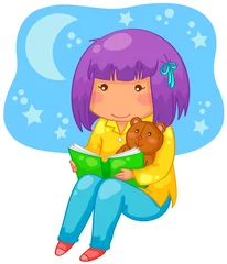 Photo sur Plexiglas Ours petite fille lisant un livre la nuit