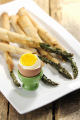 Food: Asparagus wrapped in thin puff pastry with soft boiled egg