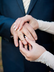Obraz na płótnie Canvas arms of newlyweds with wedding rings