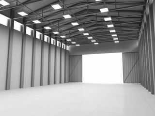 3d Illustration of Modern Storehouse with opened door