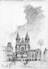 Pencil drawing of Tyn Church in Prague