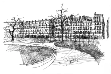 Cercles muraux Illustration Paris Pen drawing of Rue de Rivoli in Paris, France