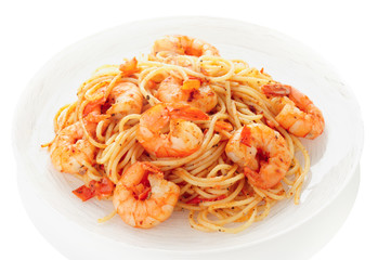 Pasta with tomato sauce and shrimps