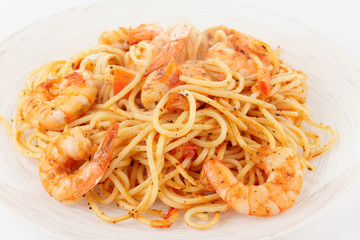 Pasta with tomatoes and shrimps