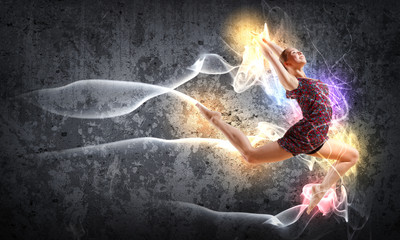 Girl in color dress dancing.Collage