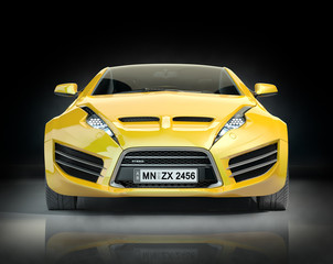 Obraz na płótnie Canvas Yellow sports car on a black background. Non-branded car design.