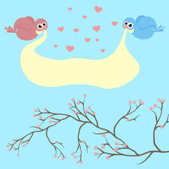 Verliebtes Vogelpaar mit Spruchband