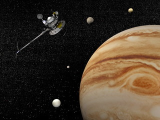 Voyager spacecraft near Jupiter and its satellites - 3D render - obrazy, fototapety, plakaty