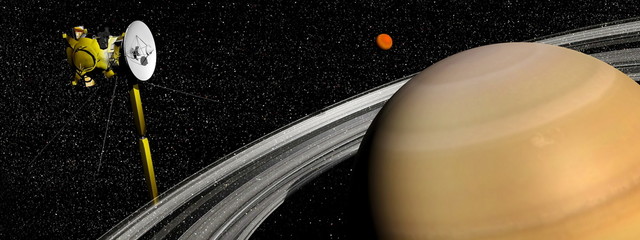 Cassini spacecraft near Saturn and titan satellite - 3D render © Elenarts