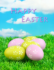 Colorful easter eggs on grass