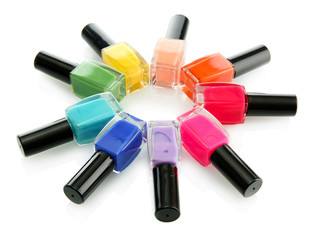 Group of bright nail polishes isolated on white