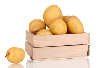Ripe potatoes on wooden box isolated on white