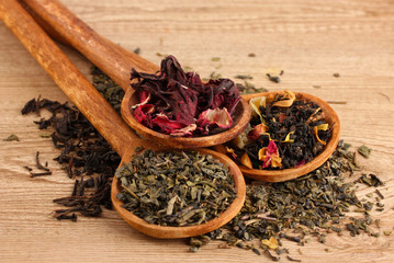 assortment of dry tea in spoons, on wooden background