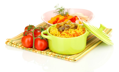 Delicious pilaf with vegetables isolated on white