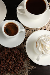 Assortment of different hot coffee drinks close up