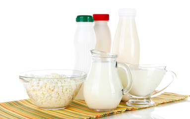 Dairy products on napkin isolated on white
