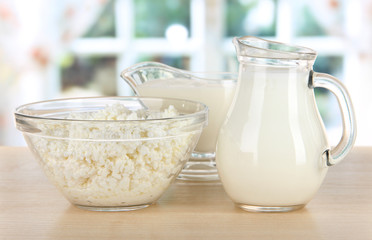 Dairy products on table in kitchen