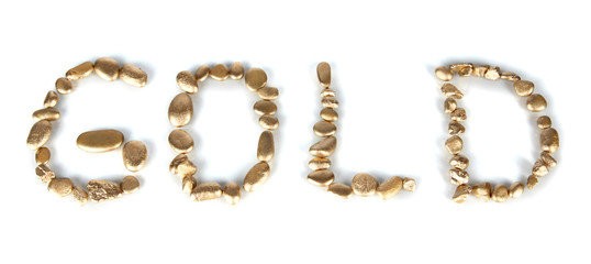 Word gold making with golden stones isolated on white