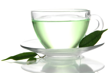 Transparent cup of green tea, isolated on white