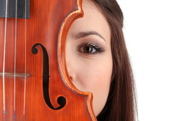 Beautiful young girl with violin, isolated on white
