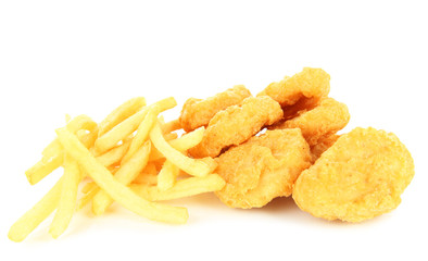 Fried chicken nuggets with french fries isolated on white