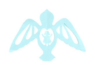 Blue cut out paper bird with child inside, isolated on white