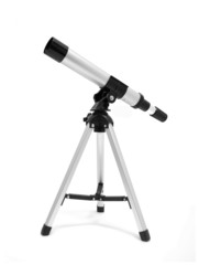 Telescope on tripod over white