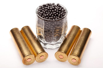 shot and hunting cartridges on a white background