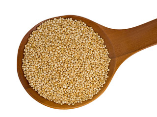 Quinoa on wooden spoon isolated over white background