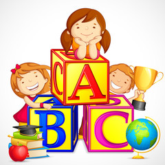 vector illustration of kids playing with alphabet block