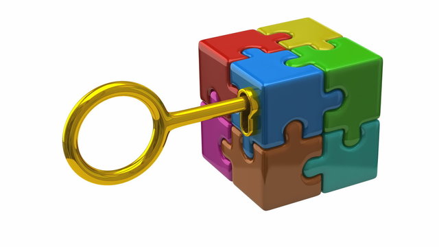 Golden key open colorful puzzle cube