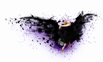 Woman floating on dark wings