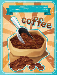 Affiche avec un sac de grains de café dans un style rétro.