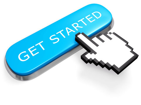 Blue GET STARTED button with hand cursor