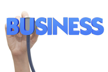 Stethoscope in doctor hand testing on business word