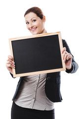 Business woman holding a chalk board
