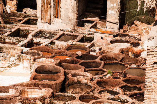 Old tanks of the Fez's tanneries,color paint for leather,Morocco