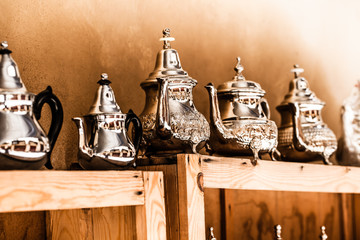 Set of arabic nana mint tea with metal tea pot and glasses