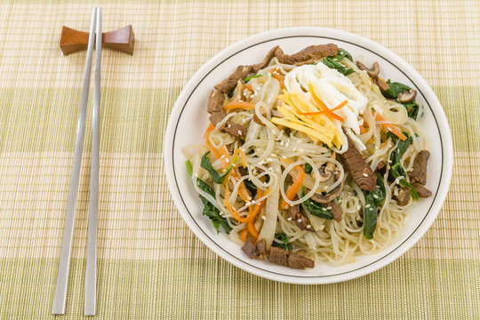 Japchae - Stir fried Korean noodles with beef, mushrooms and veg