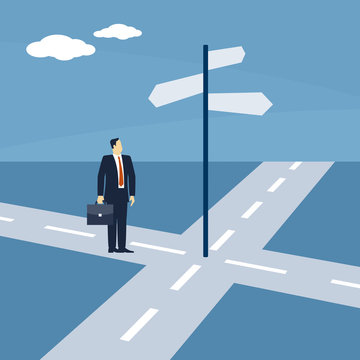 Gesch&auml;ftsmann vor der Strassenkreuzung / Illustration